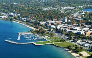 A picture of downtown traverse city from the air.